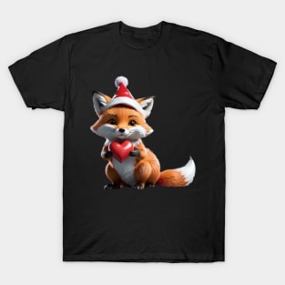 Fox in Santa's hat with a red heart. Funny Christmas animals /1 T-Shirt